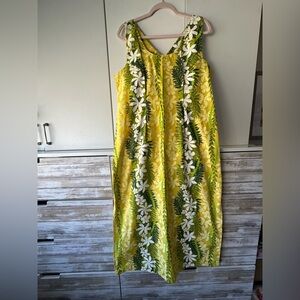 🌺 Vintage TY Hawaii Maxi Dress XL Yellow Hawaiian Floral Made in Hawaii